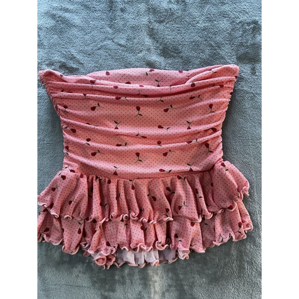 Kimchi Blue Urban Outfitters Pink Floral Mesh Ruched Strapless Peplum Tube Top M - Picture 6 of 6